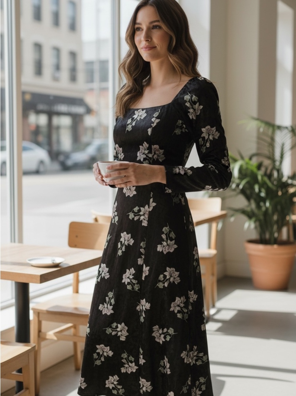 MELLODAY Black Floral Midi Dress with Square Neckline